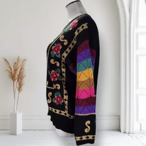 Vintage 80s Carole Little Embellished Wool Sweater M Black Rainbow Art to Wear - Picture 5 of 13